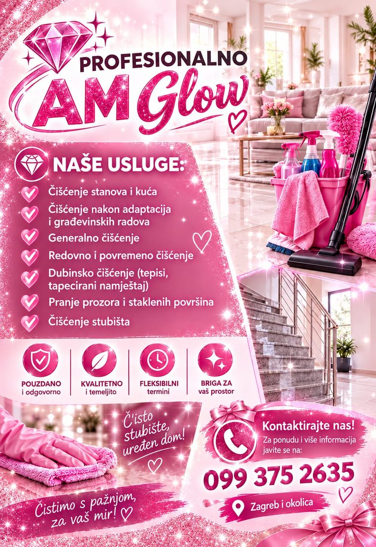 AM Glow — promotivni letak s popisom usluga i kontakt podacima